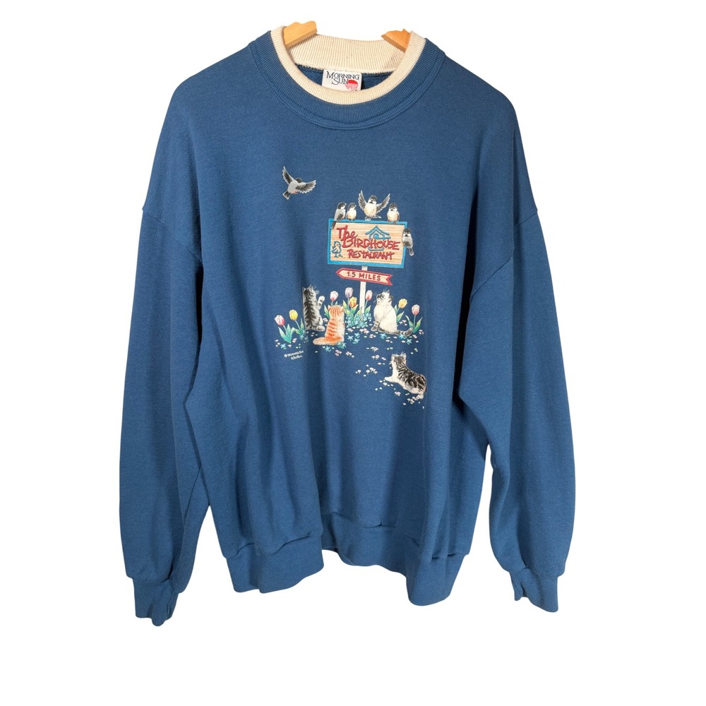 Vintage Morning Sun Blue Cat Birdhouse Restaurant Graphic Sweatshirt USA Made L